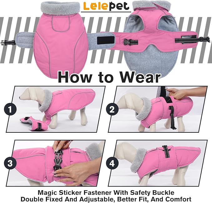 Lelepet Warm Dog Coats for Large Dogs Waterproof Dog Winter Jacket Reflective Pet Fleece Vest Windproof Cold Weather Coats with Adjustable Buckle & Leash Hole, Pink, XL