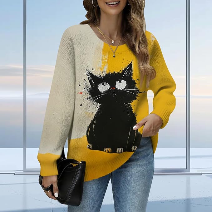 Women's Cat Printed Sweater Oversized Cable Knit Long Sleeve Christmas Clothes Casual Autumn Winter Fashion Tops