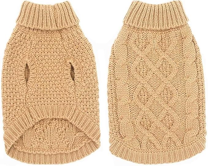 Mihachi Turtleneck Dog Sweater - Winter Coat Apparel Classic Cable Knit Clothes with Leash Hole for Cold Weather, Ideal Gift for Pet in New Year Khaki X-Large