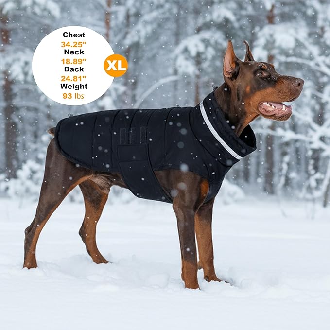 Dog Coat, Waterproof Winter Jacket, Warm Windproof Jacket, Reflective Adjustable Turtleneck Coats for Medium Dogs with Hook & Loop - Black - M