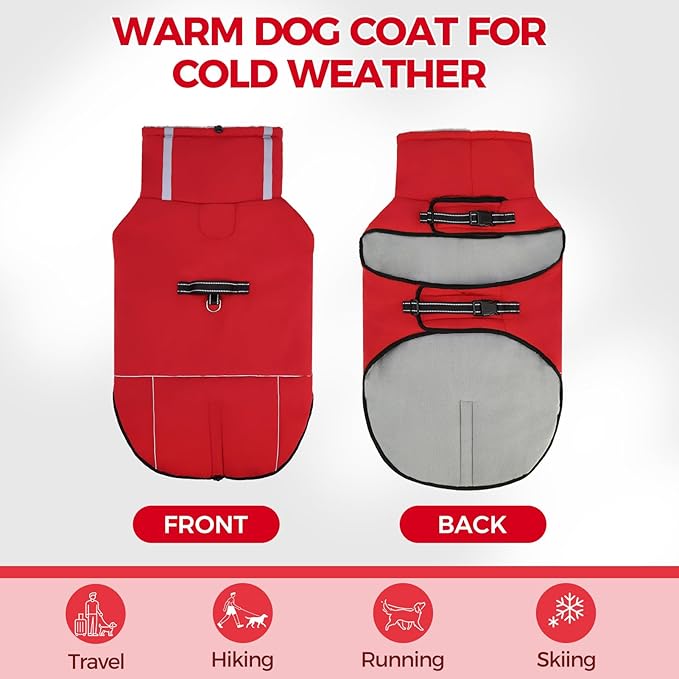 Mihachi Dog Coat for Medium Dogs, Warm Dog Winter Coat Waterproof Dogs Jacket with Harness Built in Reflective Pet Fleece Vest, Puppy Cold Weather Coats Turtleneck & Windproof Dogs Snowsuit, Red M