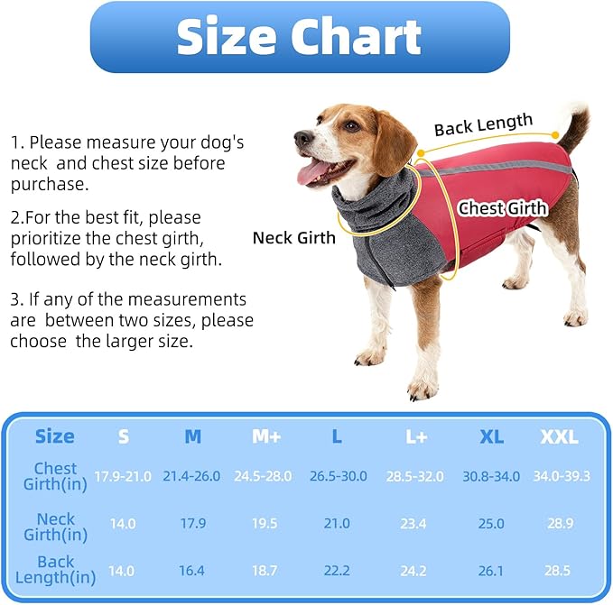 SlowTon Winter Dog Coat, Warm Polar Fleece Lining Doggie Outdoor Jacket with Turtleneck Scarf Reflective Stripe Adjustable Waterproof Windproof Puppy Vest Soft Pet Outfits (L,Red)