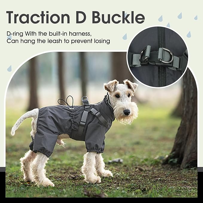 BRKURLEG Dog Raincoat with Harness for Small Dogs, Adjustable Waterproof Dog Rain Jacket, Reflective Rainproof Puppy 4 Legs Raincoat, Full Body Pet Rain Jacket, Dark Grey, L
