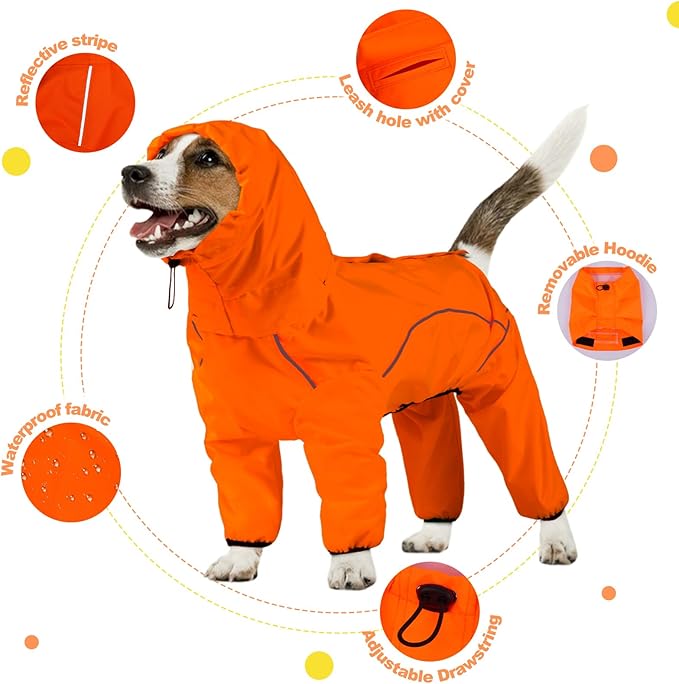 Dog Raincoat, Waterproof Dog Rain Jacket with Removable Hood，Adjustable 4 Legs Pet Poncho with Leash Hole，Reflective Stripe Hooded Snowproof Windproof Clothes for Small to 3X-Large Dogs, L