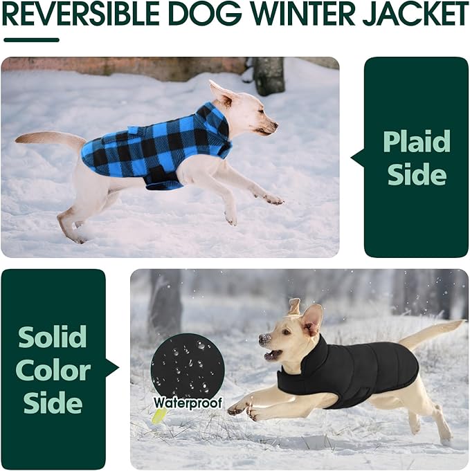 Kuoser Dog Winter Coat, Windproof Dog Fleece Jacket British Style Plaid Cold Weather Doggie Vest Coats, Reversible Cozy Warm Pet Clothes Apparel for Extra Large Size Dogs XXXL