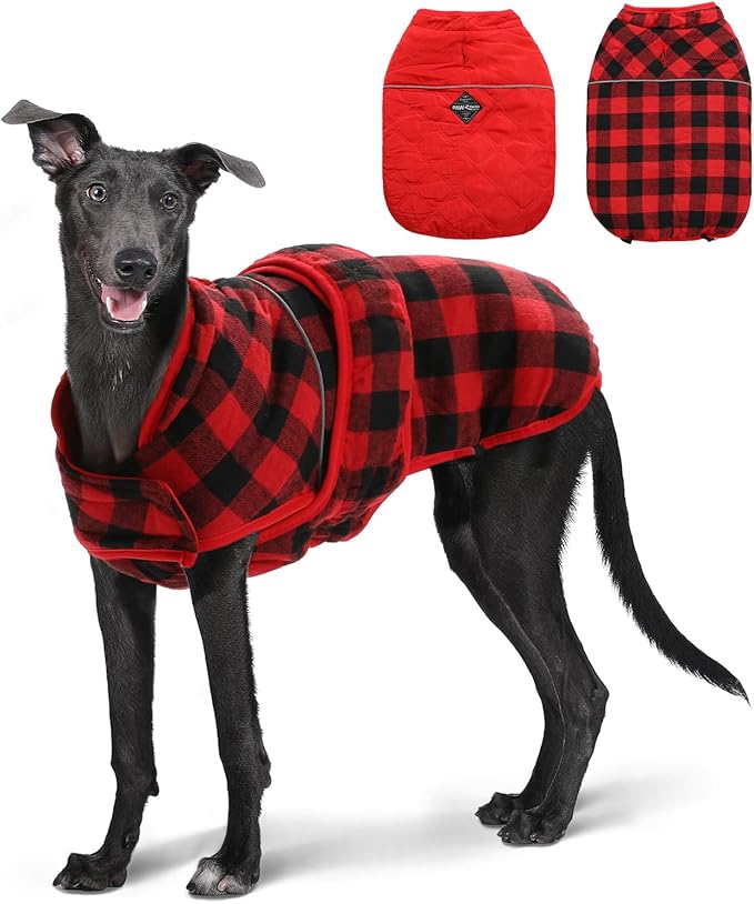 PAWZ Road Dog Winter Coat with 5 Layers Warm Material, Reversible Dog Clothes with 2 Sides, Dog Jacket Outdoor Water Repellent, (Red Plaid 2XL)