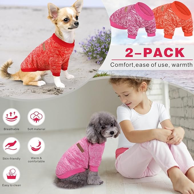 2 Pieces Pet Dog Classic Knitwear Sweater, Fleece Coat for Small,Medium Dogs,Warm Pet Dog Cat Clothes,Soft Puppy Customes for Chihuahua Yorkshire Tzu (Rose Red Orange,L)