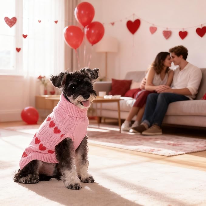 KOOLTAIL Cable Knit Dog Sweater Turtleneck, Cold Weather Pullover Classic Knitwear, Snowflake Pattern Thick Warm Winter Pet Clothes,Dog Christmas Sweater for Small Medium Large Dogs,Pink Heart L