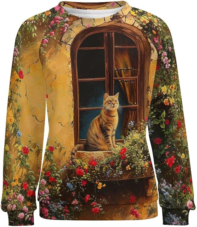 Long Sleeve Shirts for Women Cat Oil Painting Shirt 3D Graphic Sweatshirts Fall Pullover Crewneck Vintage Boho Tops