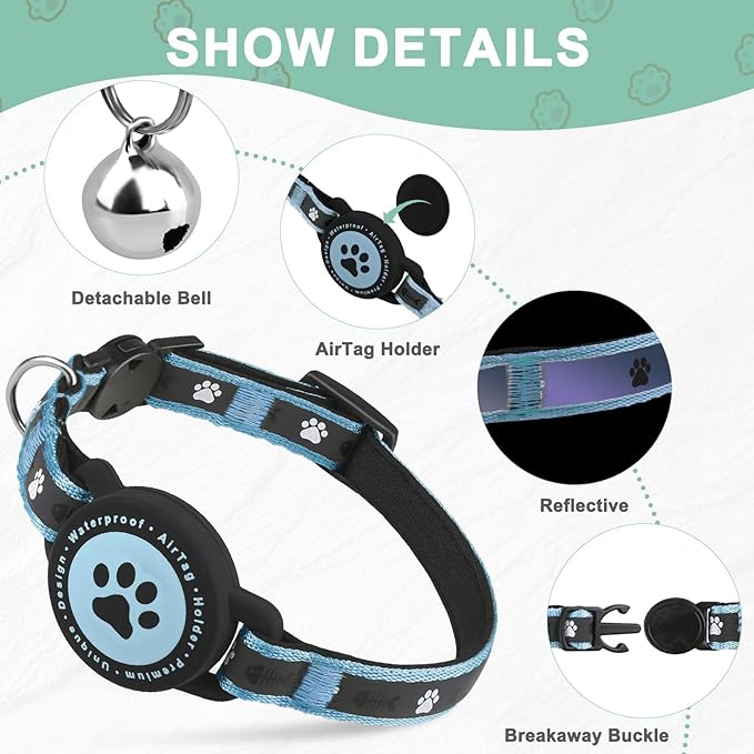 Airtag Cat Collar Breakaway, Reflective Cat Collar with AirTag Holder and Bell, Compatible with Apple Air Tag, Comfortable Padding, Adjustable, Durable (Blue, XS)
