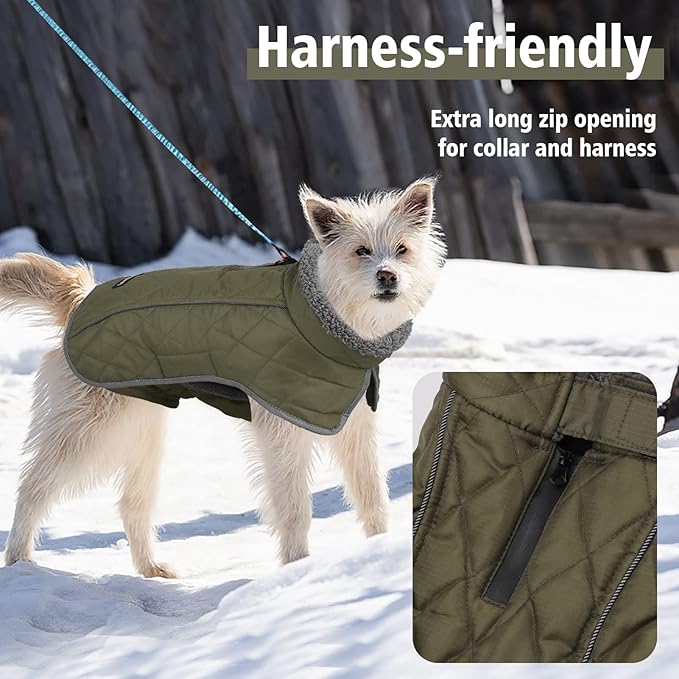 Fragralley Dog Coat Large, Waterproof Dog Jacket with Warm Fleece Lining, Adjustable Reflective Dogs Winter Coat, Turtleneck Pet Coats for Cold Weather (ArmyGreen XXXL)