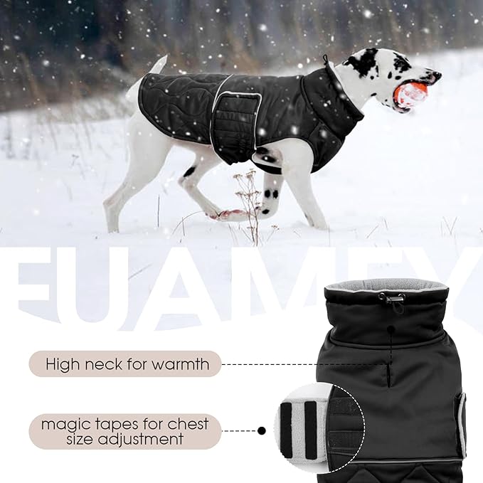 FUAMEY Extra Large Warm Dog Coat Waterproof, Adjustable Sherpa Jackets for Dogs Sow Outdoor, Turtleneck Doggy Vest with Fleece Lined, Thermal Pet Winter Outfits (Black, XL)