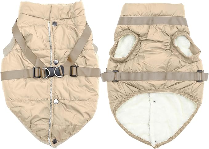 Dog Jacket with Harness,Fleece Lined Warm Puppy Coat for Winter,Soft Windproof Medium Dog Vest,Khaki L