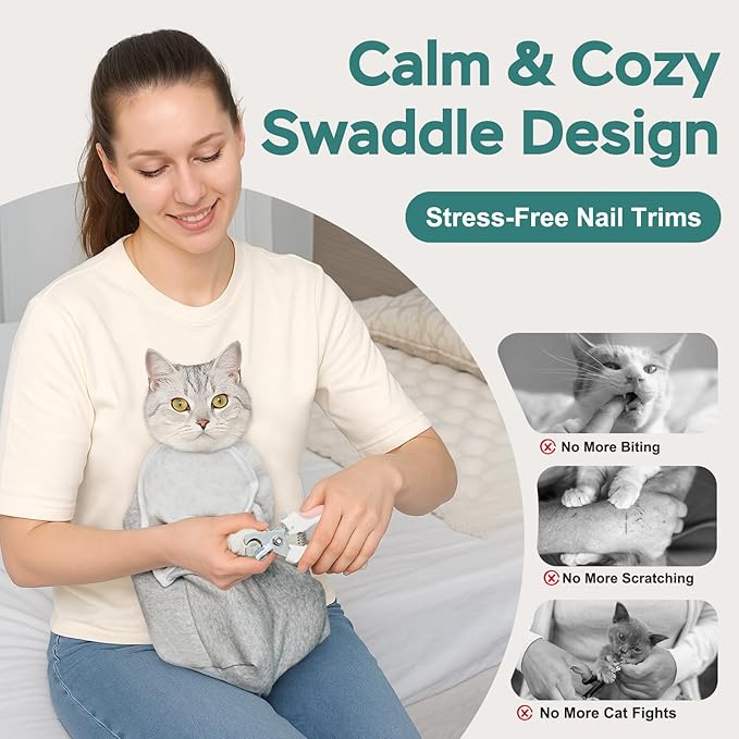 Self-Adhesive Cat Grooming Wrap, Cozy Cat Wrap for Cutting Nails, Breathable Anti-Scratch Cat Swaddle Bag for Brushing, Ear Cleaning, Dental Care, Medication, Injections,Grey L