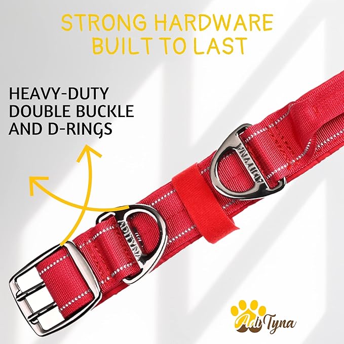 ADITYNA Heavy Duty Red Dog Collar for Large Dogs - Reflective Collar with Handle for Training, and Walking - Wide, Thick, Tactical, Soft Neoprene Padded
