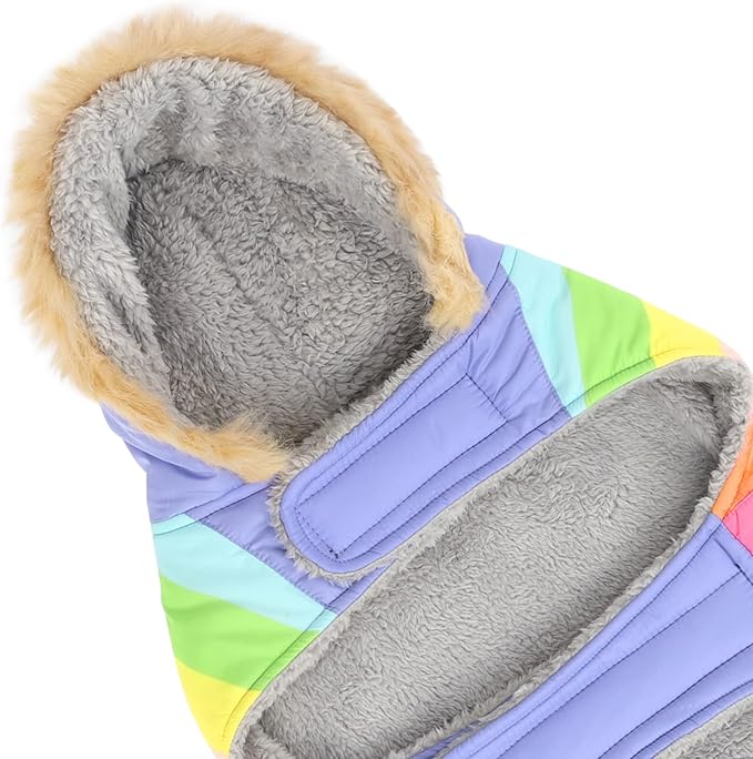 HDE Dog Puffer Jacket Fleece Lined Warm Dog Parka Winter Coat with Harness Hole Pastel Rainbow - XXL