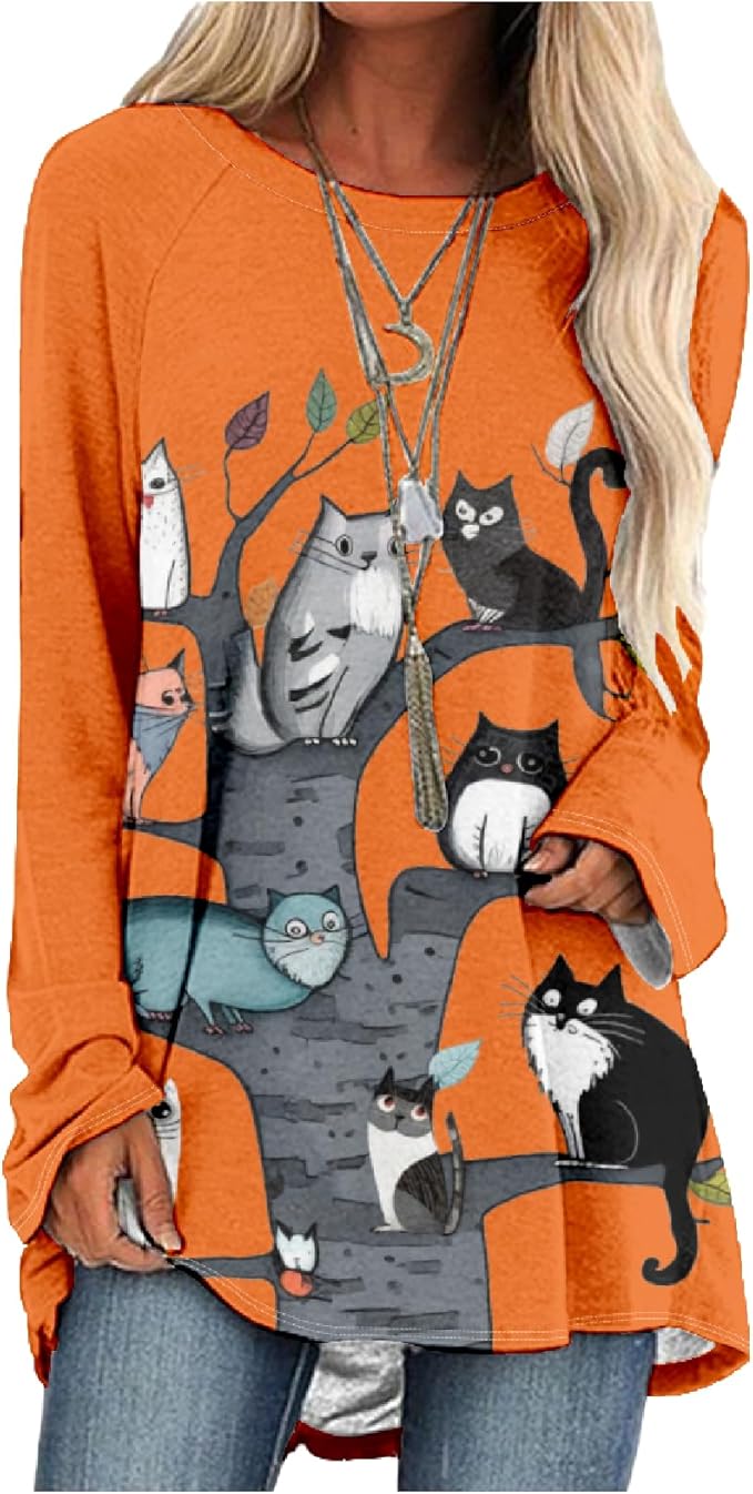 Womens Tunic Shirt Cute Cat Print Long Sleeve Round Neck Women T Shirts Cotton Casual Plus Size Vacation Tunics Tops