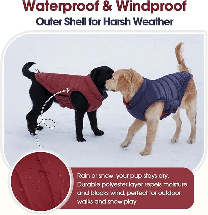 QBLEEV Reversible Dog Jacket for Small Dogs, Waterproof Windproof Warm Winter Coat with Adjustable Fit & Leash Hole, Lightweight Reversible Puffer Vest, Wine Red, S – Fits Yorkie, Shih Tzu