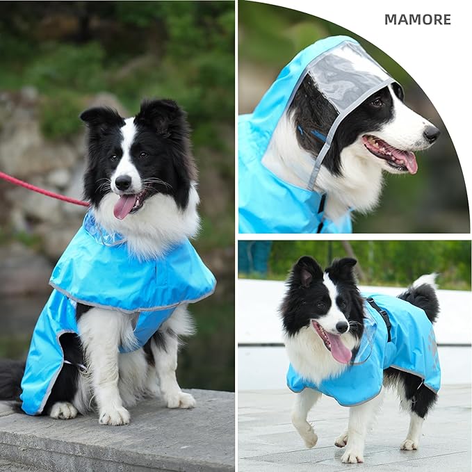 MAMORE Dog Raincoat Hooded Rain Jacket for Small Medium Large Dogs Slicker Poncho Bottom Waterproof Adjustable Reflective Breathable Leash Hole (Blue, Small)