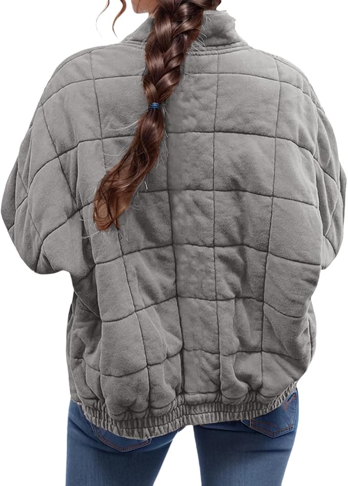 LIZALIG Warm Padded Coat for Women Full Zip Quilted Jackets Winter Oversized Causal Solid Color Stand Collar Pockets Coat