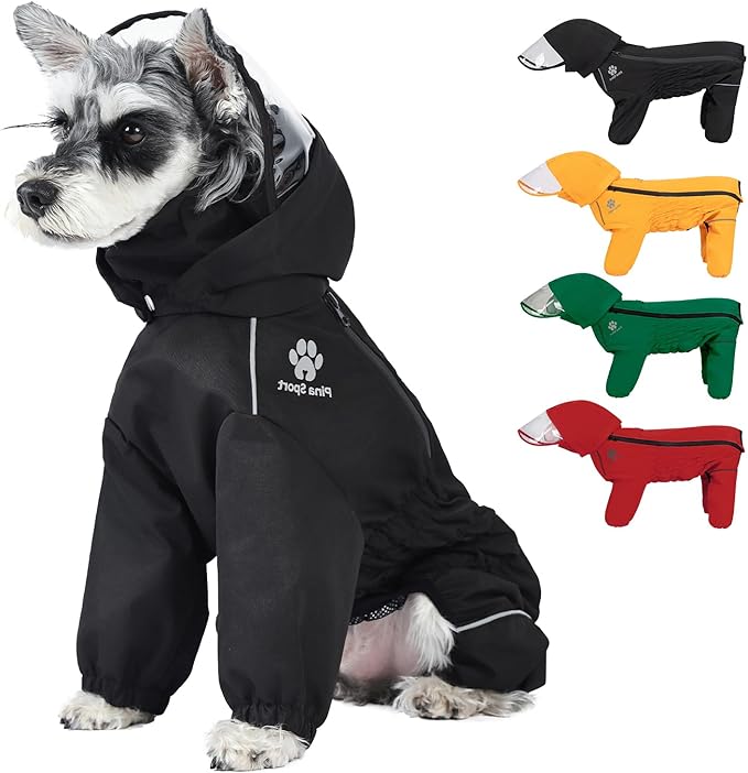 PINA Dog Raincoat & Jacket with Hood & Leash Hole, Lightweight Dog Poncho with Reflective Strap & Pocket for Wet Weather, Full Wrap Design for Full Protection