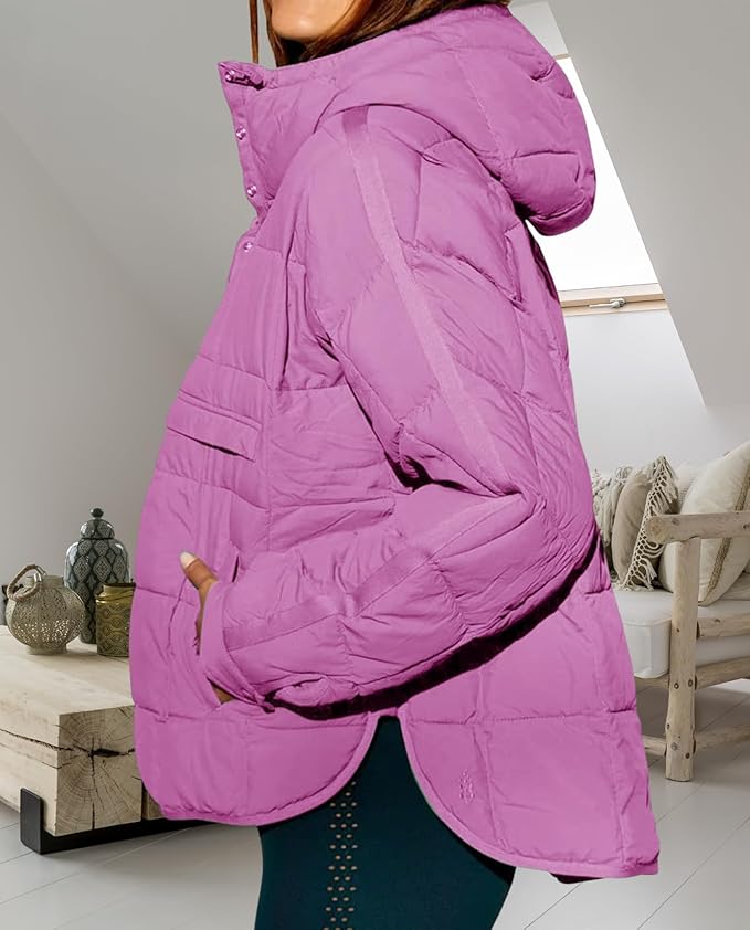 Womens Oversized Hooded Puffer Jacket Fall Winter Warm Quilted LightWeight Jacket Casual Fashion Solid Color Coat