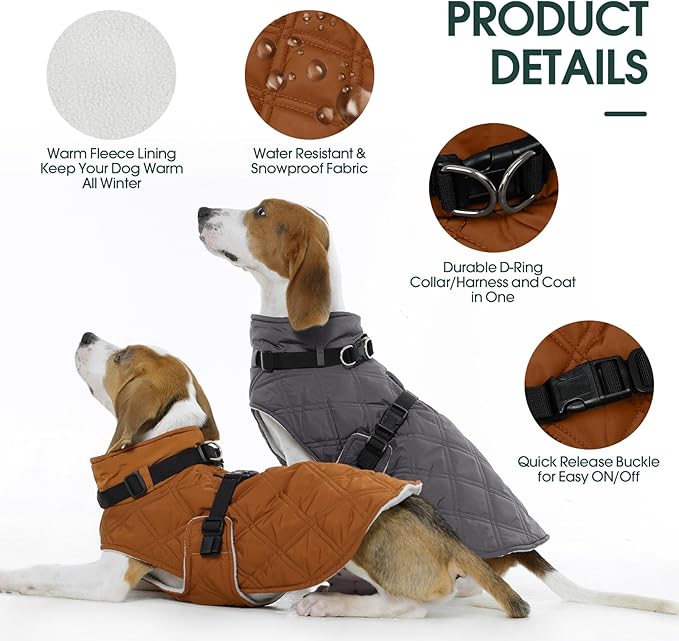 Kuoser Dog Coat Warm Fleece Lining Turtleneck Dog Jacket with Harness Built-in, Adjustable Windproof Cold Weather Coats with Quick Release Buckle Pet Winter Snowsuit for Extra Large Dogs, Khaki 3XL