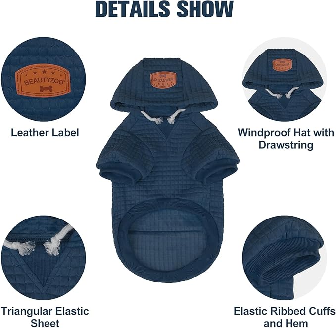 BEAUTYZOO Small Dog Hoodie Sweater with Pockets, Dog Clothes for Small Medium Dogs Boy Girl, Waffle-Like Laminated Cotton Pet Coats with Hat and Leash Hole, Navy Blue XS