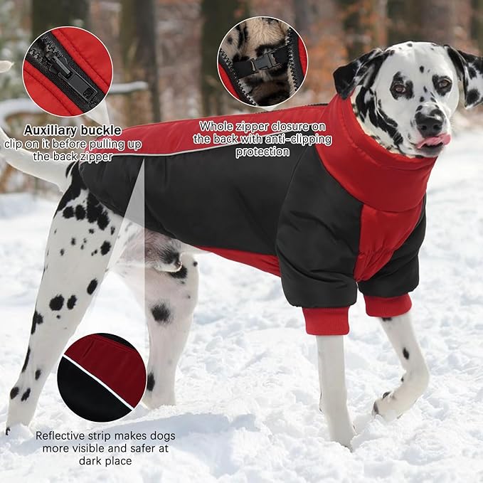 IDOMIK Reversible Dog Winter Coat, Thick Warm Dog Coat with Leopard Fleece Lining&Zipper, Adjustable High Collar Waterproof Jacket, Reflective Pet Cold Weather Coats for Large Dogs,Red,2XL