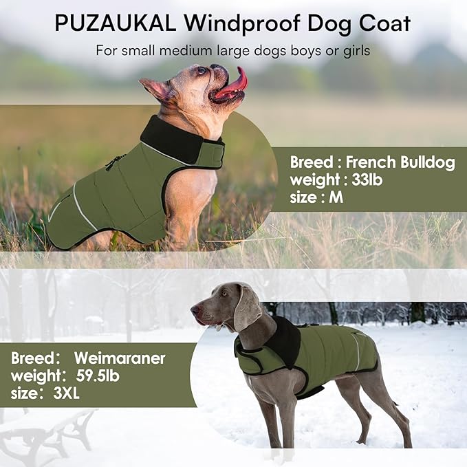 Dog Coat, Large Dog Jacket, Windproof Dogs Puffer Jacket, Fleece Lined Warm Dogs Winter Coat with Harness Hole(Army Green 2XL)