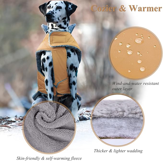 VIVAGLORY Frostfit Dog Coat, Dog Jacket for Winter & Cold Weather, Warm Fluffy Fleece Lined Water Resistant Reflective for Puppy, Coat with Velcro Fastening & Leash Hole, XL, Khaki