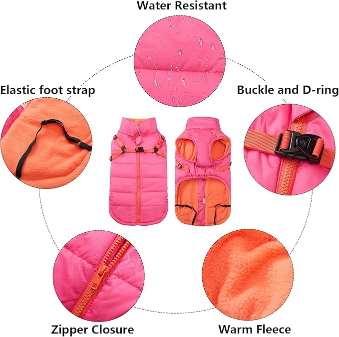 Geyecete Winter Warm Coat Waterproof Dog Winter Jacket with Harness Traction Belt,Windproof Pet Outdoor Jacket Dog Autumn-Pink-XXL