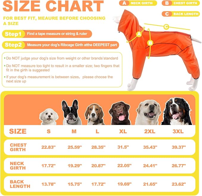 Dog Raincoat, Waterproof Dog Rain Jacket with Removable Hood，Adjustable 4 Legs Pet Poncho with Leash Hole，Reflective Stripe Hooded Snowproof Windproof Clothes for Small to 3X-Large Dogs, L