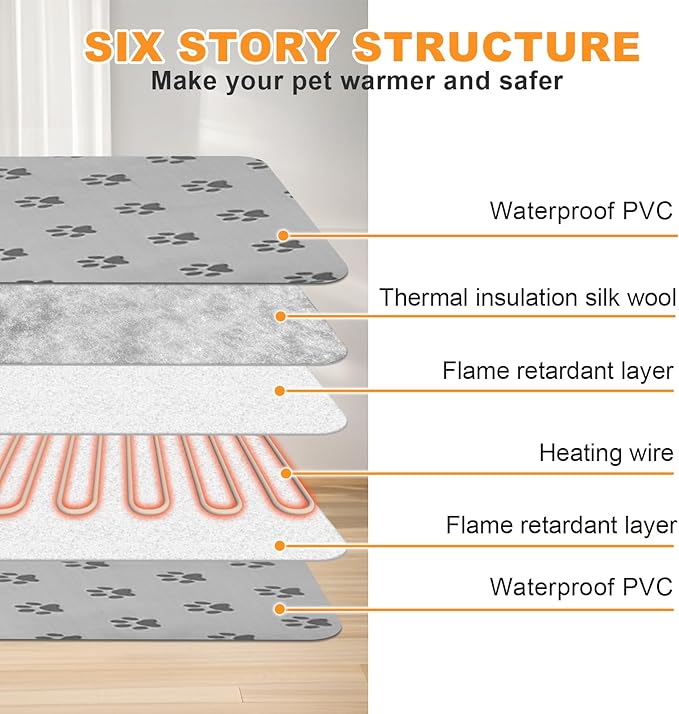 Bestio 34 × 21 in Large Dog Heating pad,Upgraded Smart Thermostat Switch Heated Dog Bed with Normally ON Function (1-24 Hours) - Paw