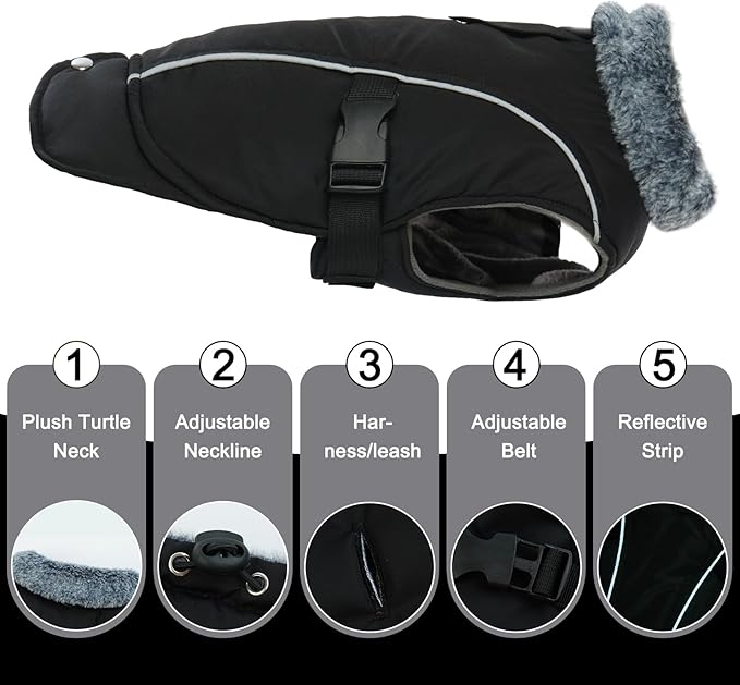 DENTRUN Extra Large Warm Dog Jacket - Windproof Water Repellent Reflective Coat, Adjustable Plush Turtleneck, Easy Wear Fleece Lined Cold Weather Vest for Great Dane, Black, XXXL