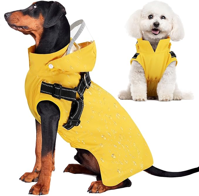 Lukovee Dog Raincoat - Waterproof Rain Jacket with Harness & Removable Hood, Reflective Double Layer Dog Rain Coat Poncho for Small Medium Large Dogs Puppy (XL, Yellow)