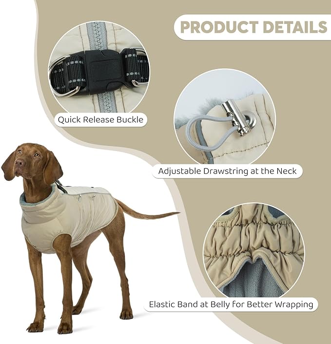 IDOMIK Warm Dog Coat with Harness, Waterproof Reflective Dog Jackets for Small Medium Large Dogs, Fleece High Collar Winter Jacket with Zipper, Pet Winter Snowsuit Clothes for Cold Weather,Khaki 3XL