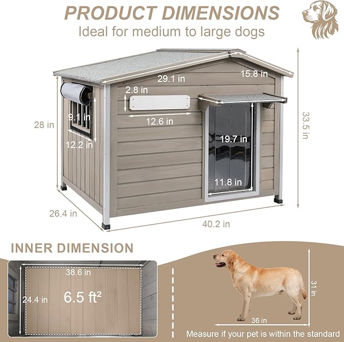 Outdoor Dog House with Reinforced Iron Frame, Wooden Kennel with Weather-Resistant Roof, Removable Floor, Vent Window & Easy Assembly, for Medium & Large Dogs, 40" L x 26" W x 33.5" H