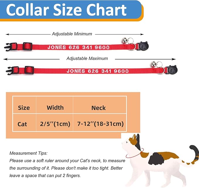 Personalized Cat Collars, Embroidered with Pet Name and Phone Number, Adjustable Nylon Breakaway Safety Release Buckle ID Collar,Custom Text with Bell for Cat or Kitten,Black