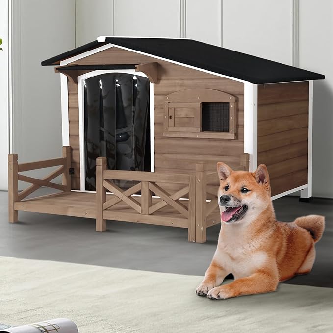 Dog House for Outdoor Use with Matel Frame, Waterproof Design- All-Weather Wooden Kennel with Sliding Window & Metal Frame (Brown, L)
