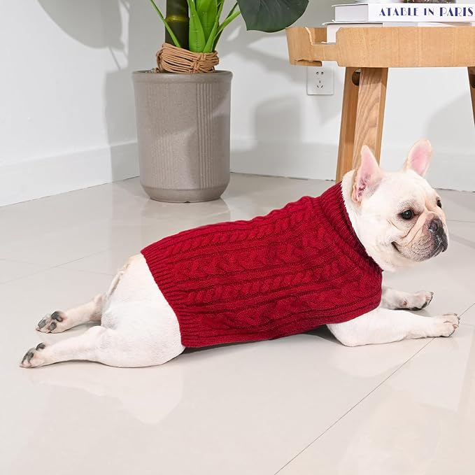 2 Pack Dog Sweaters for Medium Dogs Turtleneck Pullover Cable Knit Stretch Clothes French Bulldog Dachshund Boston Terrier Corgi Beagle Pug Boy Girl Pets Winter Clothes (M, Red & Green)
