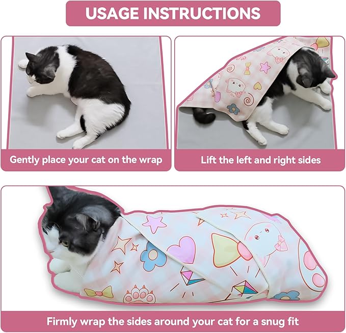 Cat Grooming Wrap for Cutting Nails, 21.6" Anti-Escape Calming Cat Swaddle Wrap for Medicine, Nail Clipping, Teeth Brushing, Ear Cleaning, Self-Adherent Burrito Restraint, (Geometric Fish, M)