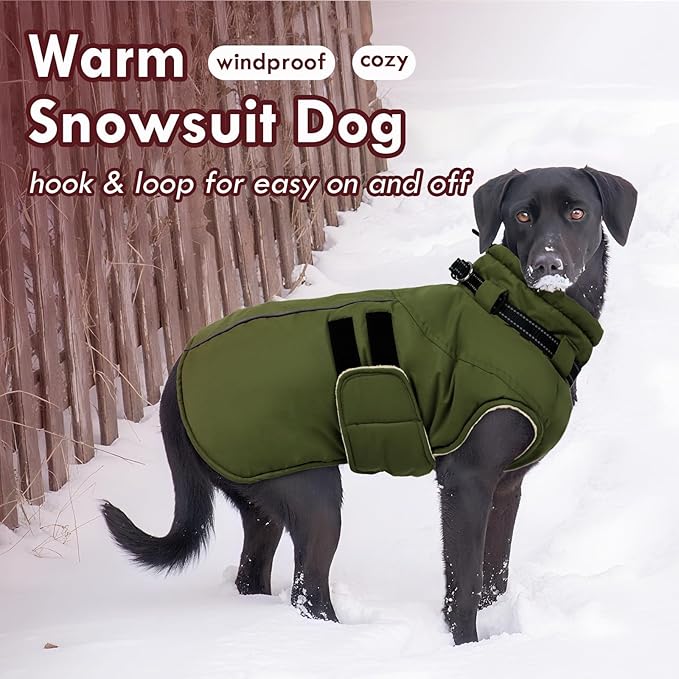 Dog Jackets for Large Dogs, Waterproof Winter Coat with Harness Built-in, Reflective Adjustable Hook&Loop Snowsuit, Warm Cold Weather Coats for Big Dogs Great Dane Doberamn, XXXXL Green