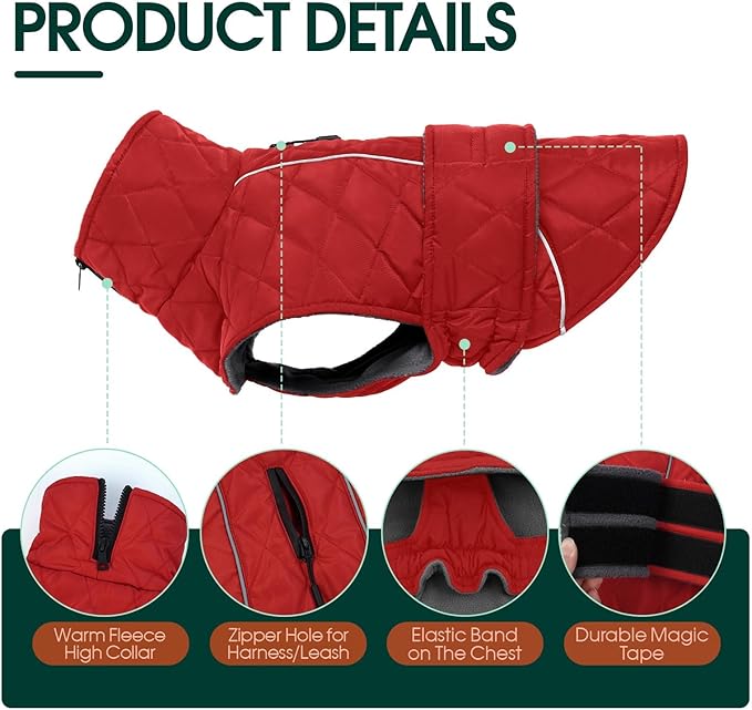 Kuoser Super-Warm Dog Coat Windproof Cold Weather Coats for Extra Large Dogs, Fleece Lining Turtleneck Dog Jacket Reflective Adjustable Pet Winter Snowsuit, Red 3XL