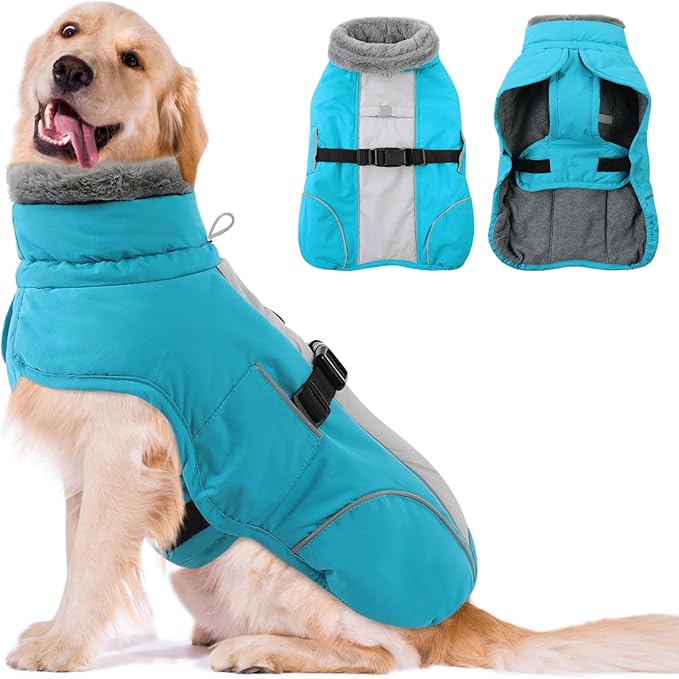 Queenmore Fleece Dog Coats, Dog Jackets for Large Breeds, Waterproof Windproof Winter Large Pet Coat Fall, Reflective Pet Jackets for Winter, Blue, XXXL