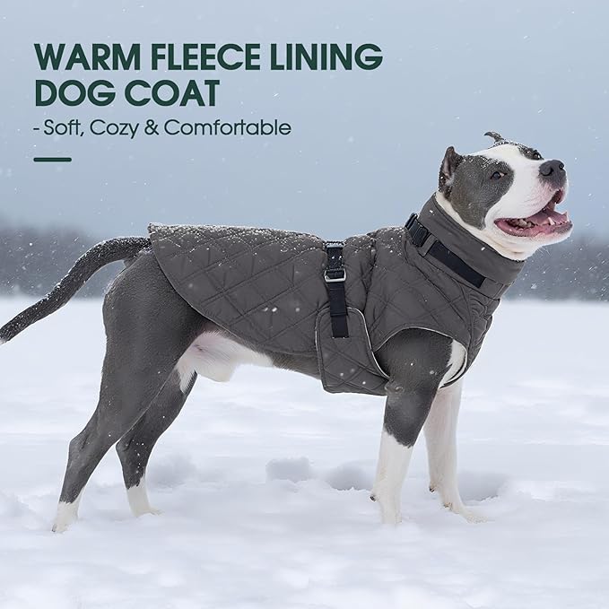 Kuoser Dog Coat Warm Fleece Lining Turtleneck Dog Jacket with Harness Built-in, Adjustable Windproof Cold Weather Coats with Quick Release Buckle Pet Winter Snowsuit for Medium Large Dogs, Grey L