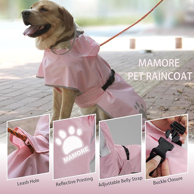 Waterproof Dog Raincoat, Reflective Adjustable Hooded Dog Rain Coat, Lightweight Breathable Pet Rain Jacket Poncho Double Layer with Leash Hole for Small Medium Large Dogs (Pink, XX-Large)