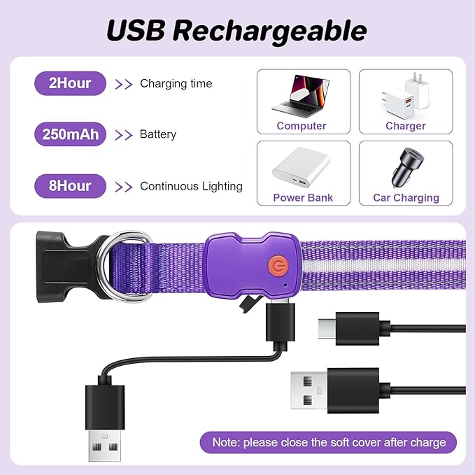 PcEoTllar Light Up Dog Collars, Led Dog Collar, Rechargeable, Night Walking, Waterproof, Glow in The Dark Dog Collars Light for Large Small Medium Dogs, Purple s