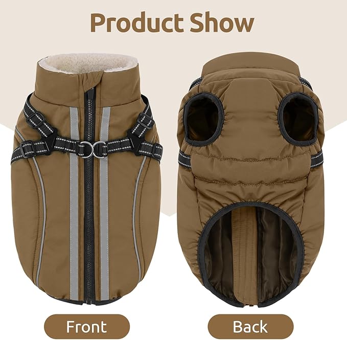 Dog Winter Coat with Harness Built in Warm Puffer Dog Jackets for Small Medium Large Dogs Windproof Waterproof Outfit with Plush Lining and Reflective Stripes (Brown, L)