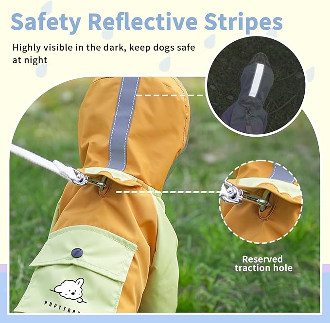 Dog Raincoat with Transparent Hood, Waterproof Jacket for Small Dogs with Snap-Button Chest, Leash Hole & Hook-and-Loop Cuffs Sleeves, Back Pocket for Treats (Blue, Medium)